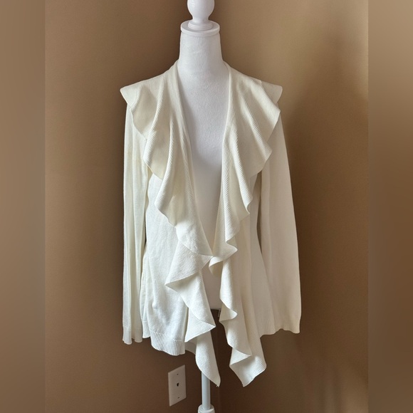 By Design Sweaters - Ruffle-Front Open Cardigan in White Cream